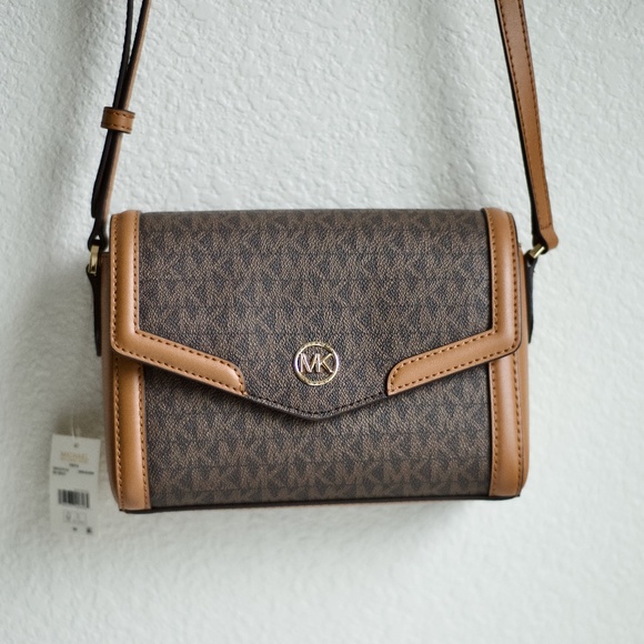 MK Michael Kors Logo Freya Brown Acorn Crossbody Bag NEW - Picture 1 of 15